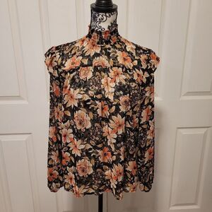 Black floral smocked‎ Neck long sleeve Blouse